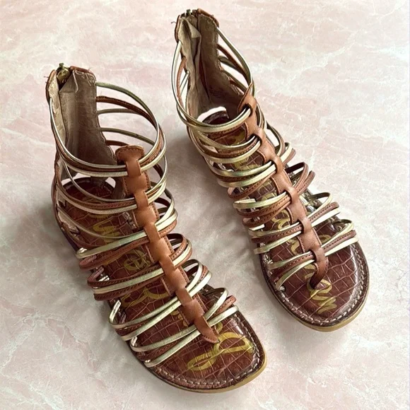 Sam Edelman Kamille Gladiator Strappy Gold and Tan Sandals Sz 8 Women's - Picture 1 of 12